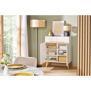 Buffet scandinave blanc brillant et finition bois clair 2 portes 2 tiroirs L80cm MELKA