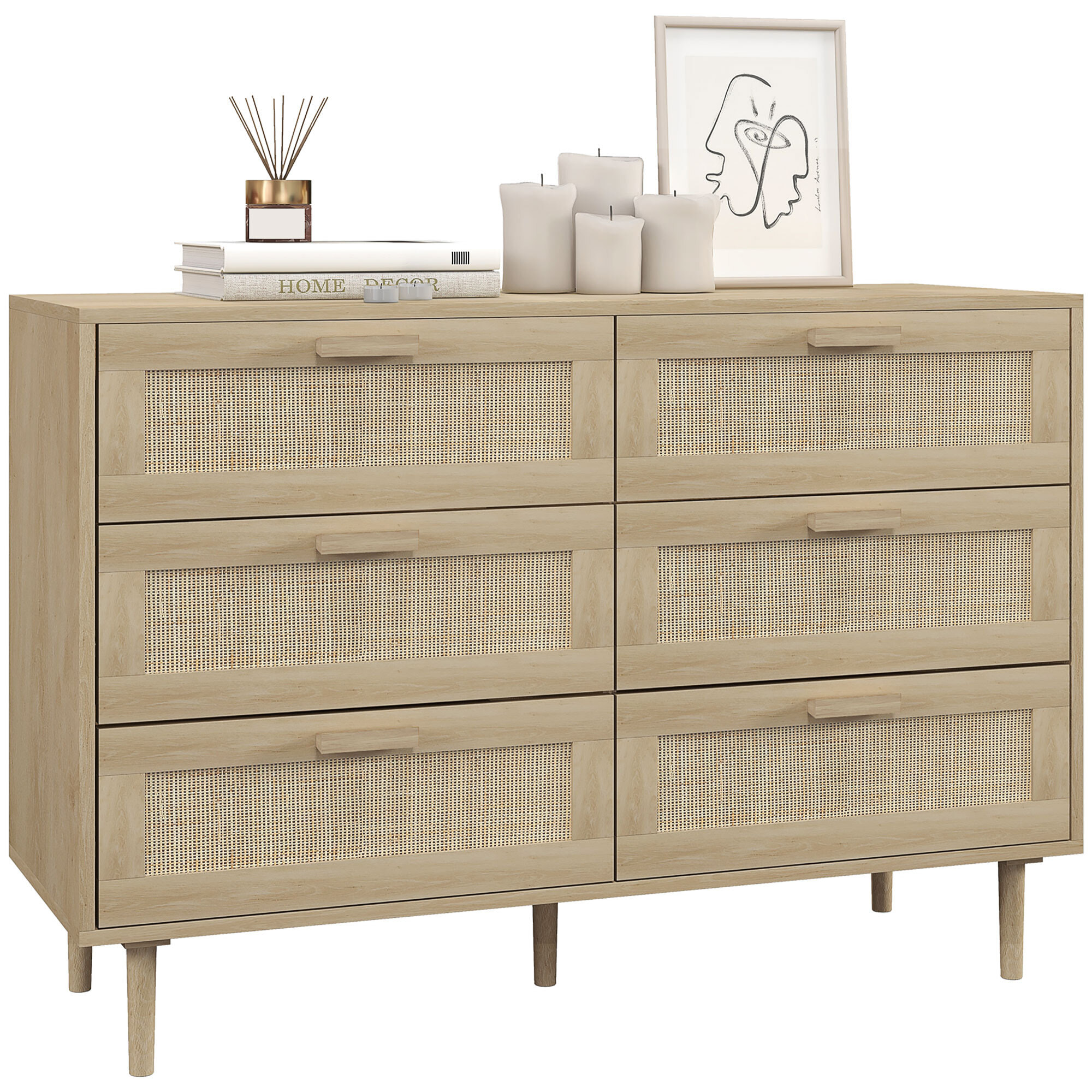 Cómoda 6 Cajones con Frontal de Ratán, Cómoda Dormitorio con Patas de Madera, Cajonera para Salón, Oficina, Estilo Bohemio, 110x40x75 cm, Roble