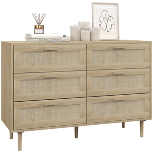 Cómoda 6 Cajones con Frontal de Ratán, Cómoda Dormitorio con Patas de Madera, Cajonera para Salón, Oficina, Estilo Bohemio, 110x40x75 cm, Roble