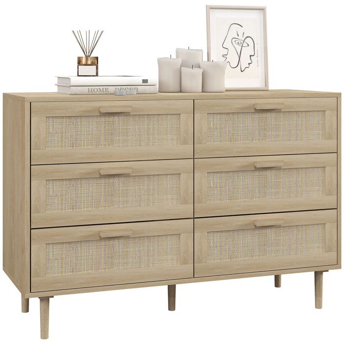 Cómoda 6 Cajones con Frontal de Ratán, Cómoda Dormitorio con Patas de Madera, Cajonera para Salón, Oficina, Estilo Bohemio, 110x40x75 cm, Roble