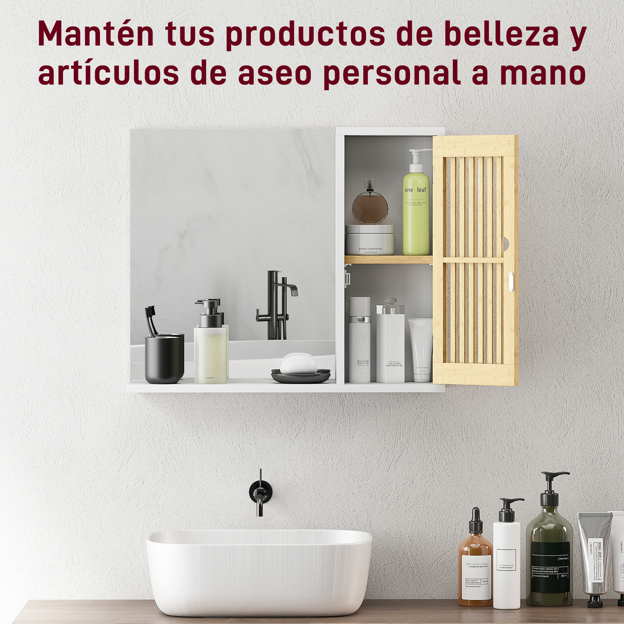 Espejo de Baño 60x50 cm, Espejo de Pared con Puerta de Listones de Bambú, Estantes de Almacenaje, Blanco y Natural