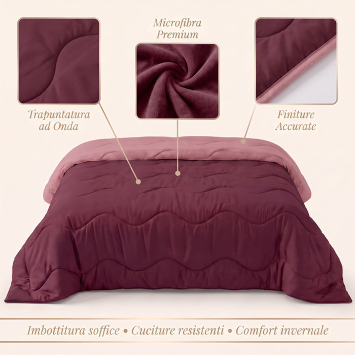 Trapunta invernale bicolor Made in Italy in microfibra di poliestere - Vinaccia/Rosa