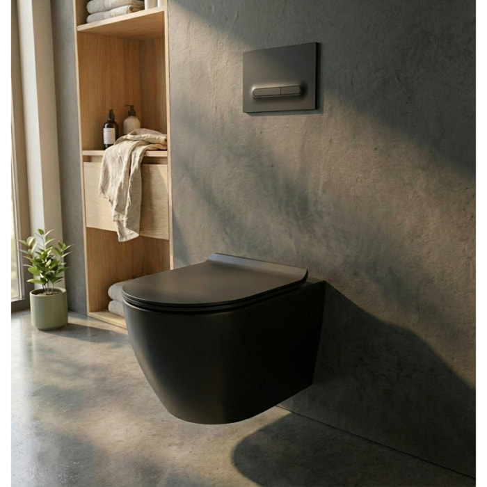 PixL Cuvette suspendue en céramique, sans bride, Tornado, fixations invisibles + abattant Softclose, noir mat (CEPX010RTORPBKM)