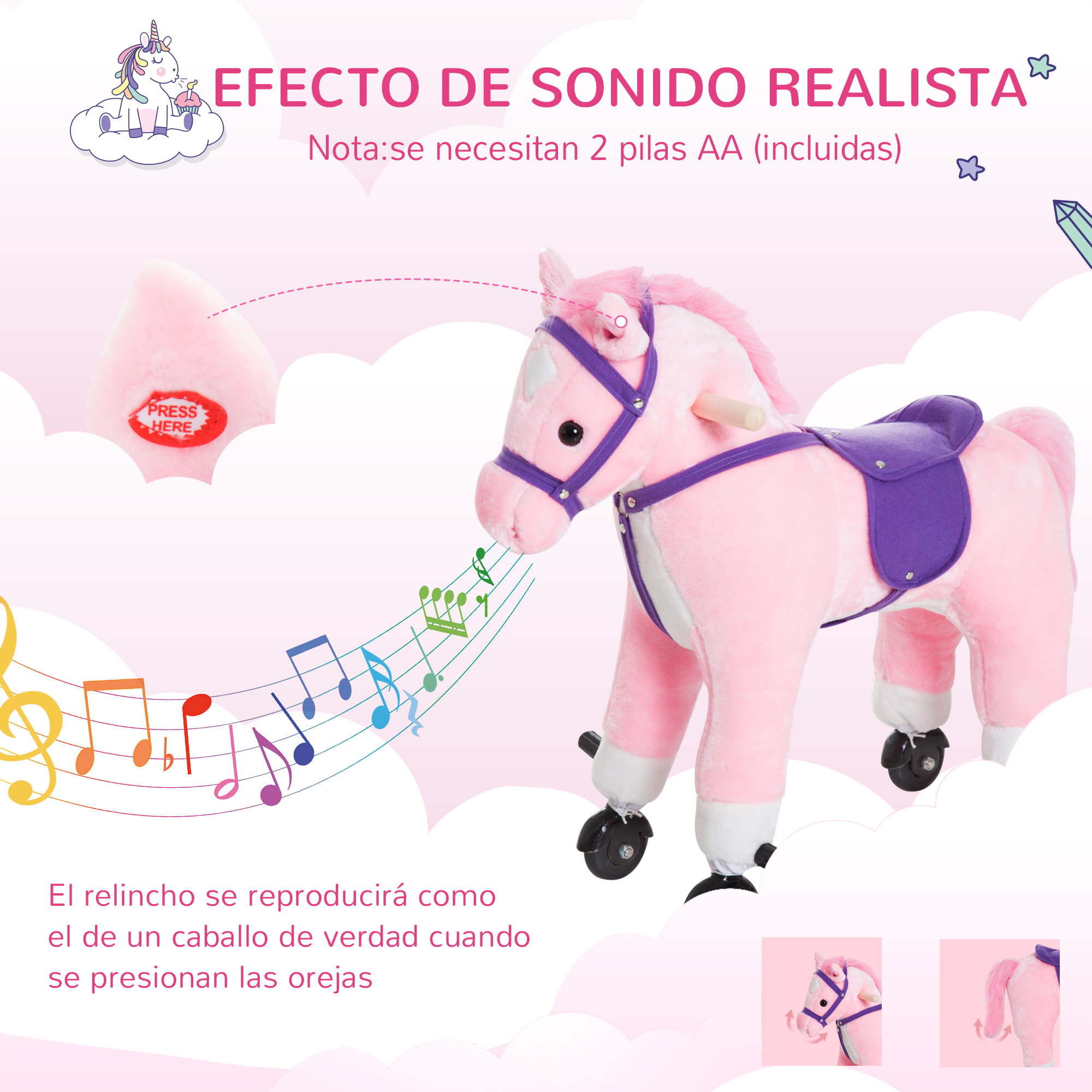 Caballito para Bebes de +36 Meses Caballo con Ruedas Sonidos de Relincho Palos y Pedales Carga 60 kg 55x23x60 cm Rosa