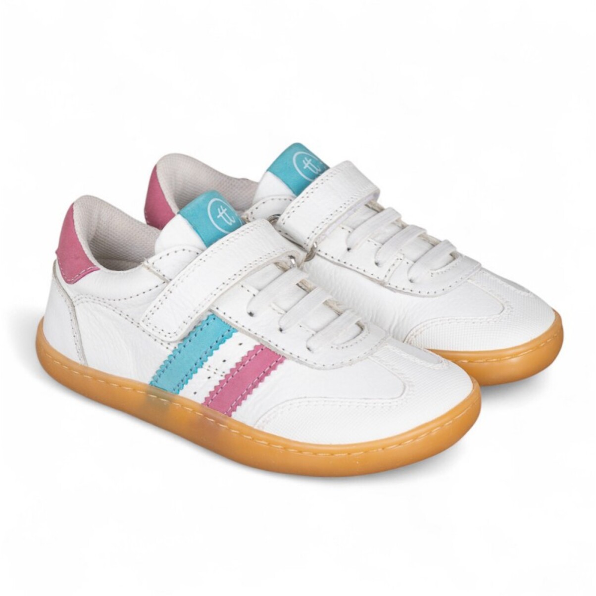 DEPORTIVA BAREFOOT CHETTO PIEL CON DOBLE FRANJA ANIMAL BLANCO - TURQUESA