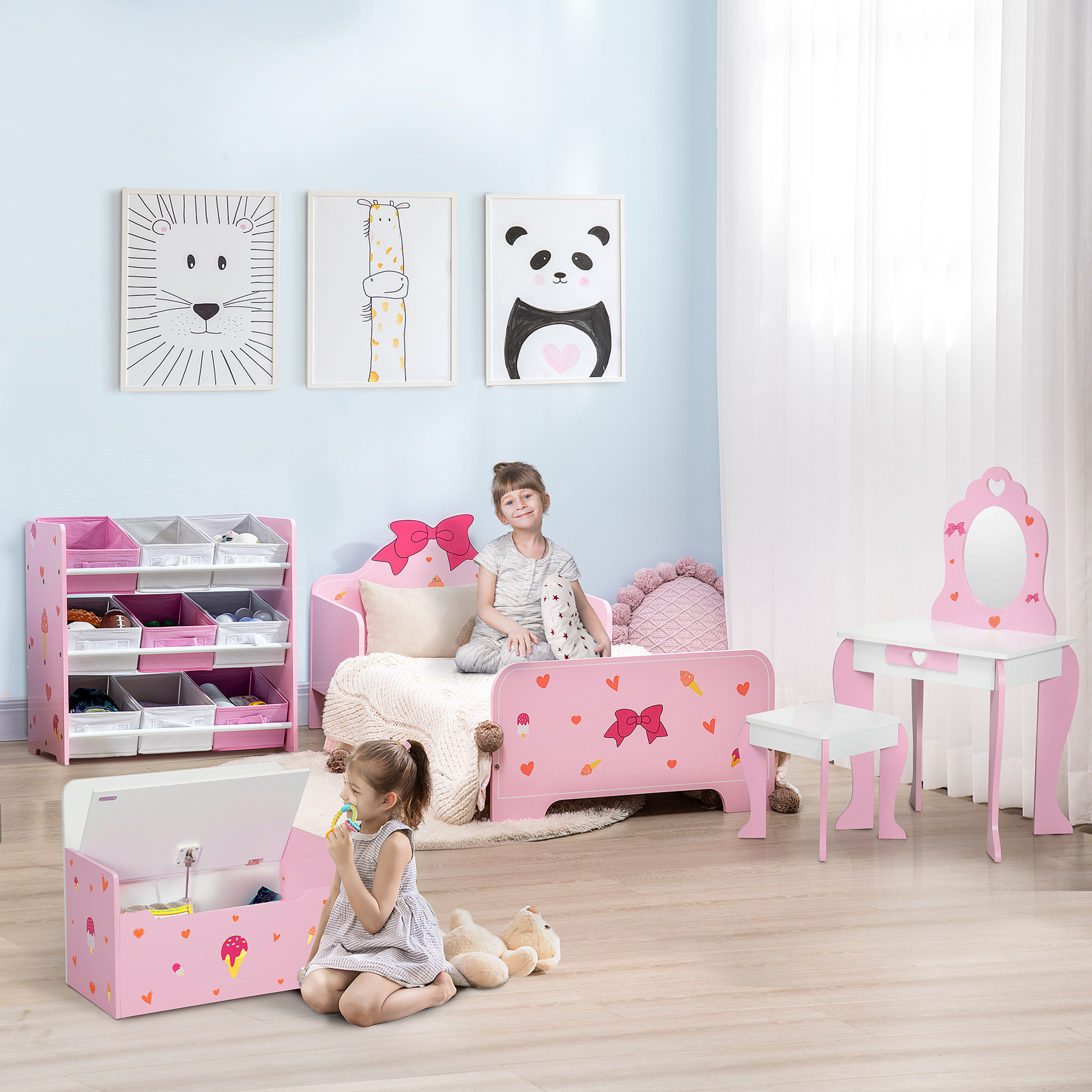 ZONEKIZ Letto per Bambini con Sponde e Fantasia a Fiocchi e Cuori, Età 3-6 Anni, 143x74x59cm, Rosa