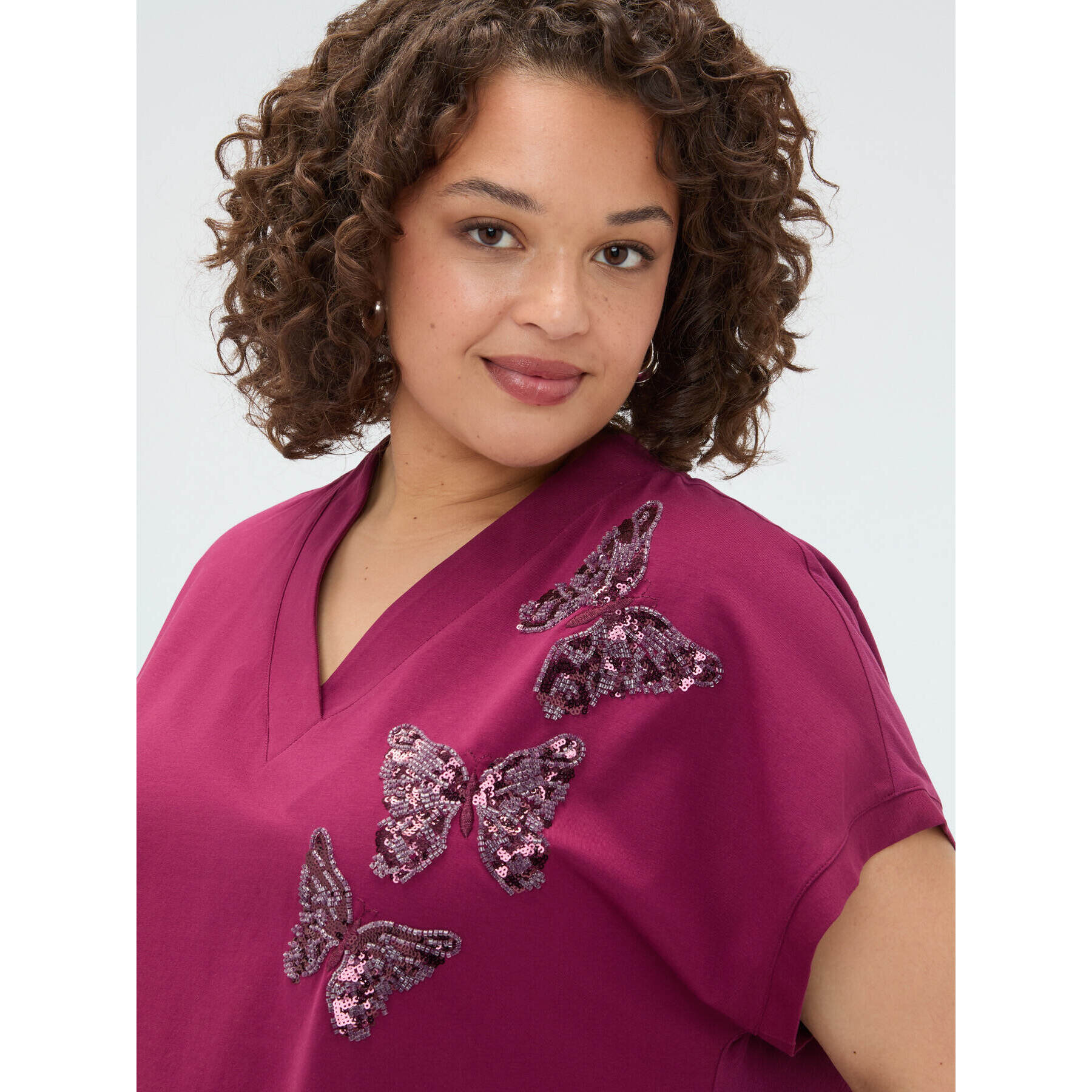 Fiorella Rubino - Camiseta bimaterial con mariposas de lentejuelas - Burgundy