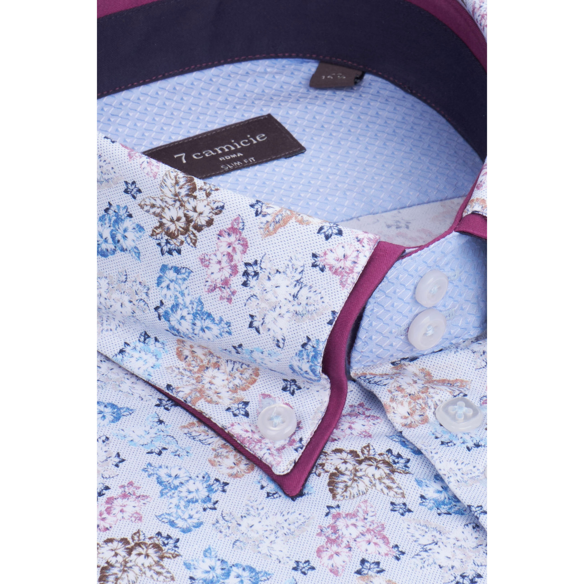 Camicia Uomo 2 Bottoni Button Down 7bottoni Doppio Coll Popeline Stampato Bianco Blu Avion