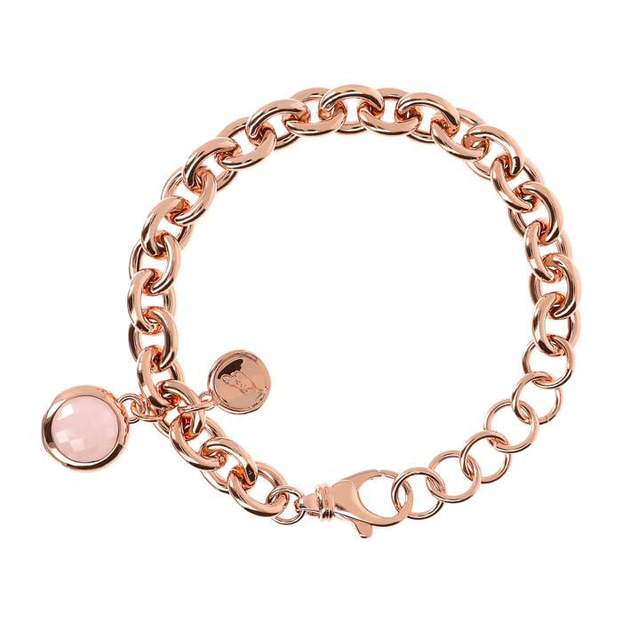 Bracciale Catena Rolo con Ciondolo in Pietra Naturale Tonda Quarzo Rosa