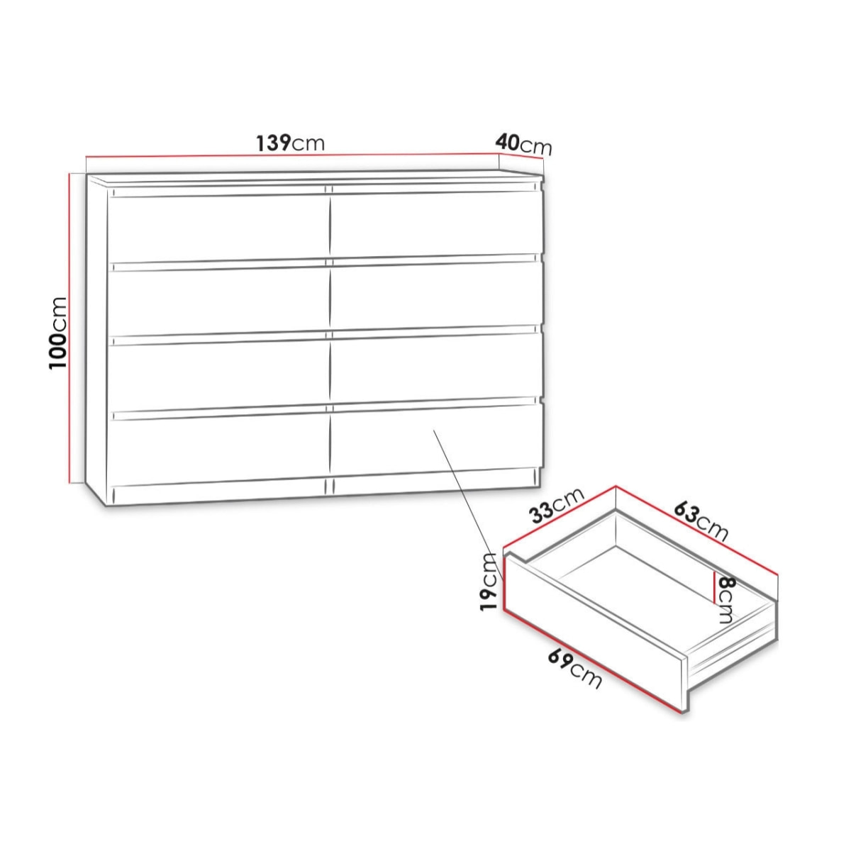 Celia - commode 8 tiroirs - effet bois - 139 cm - style contemporain - Bois