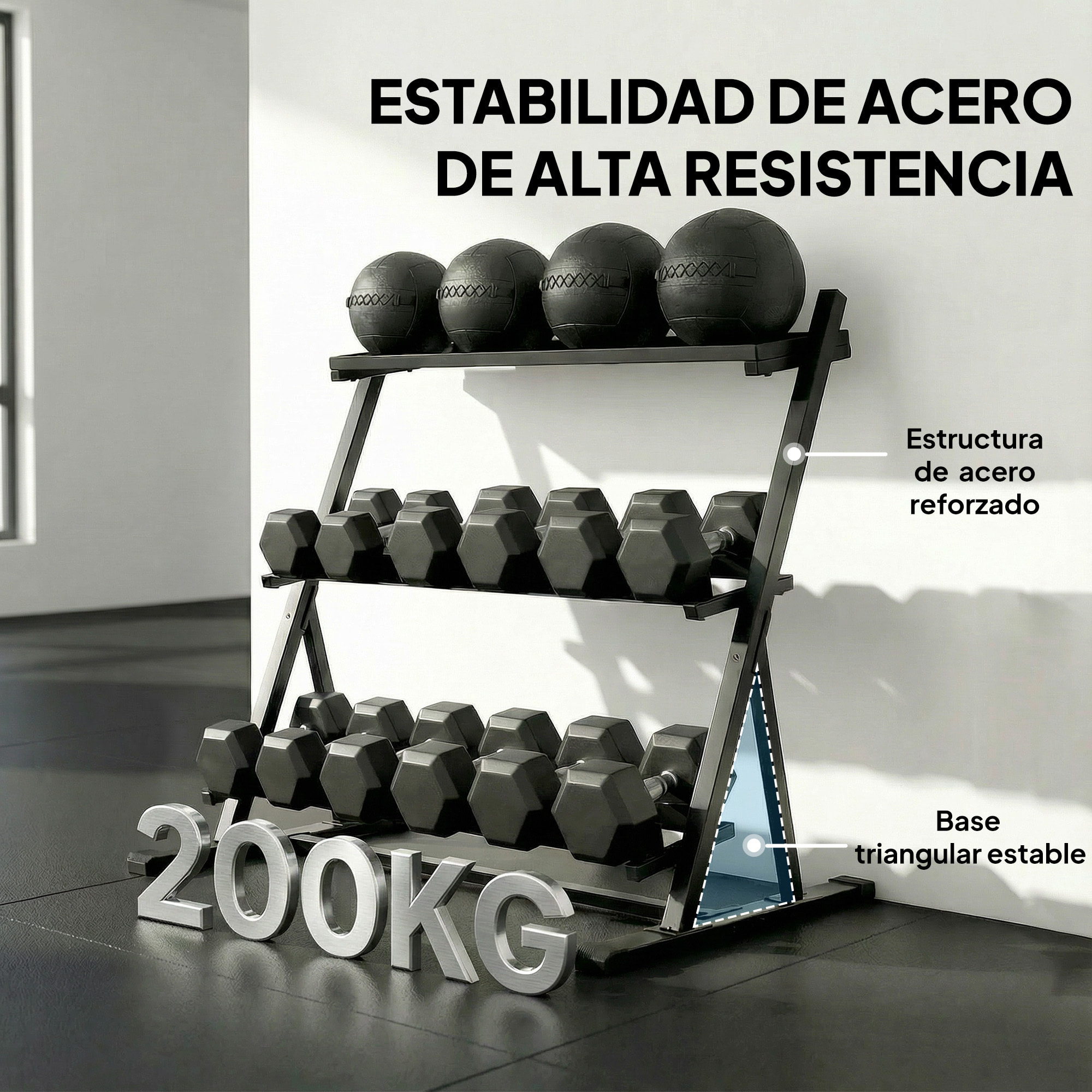 Soporte Mancuernas de 3 Niveles, Estante de Almacenamiento de Pesas de Acero con Barras Ajustables, para Entrenamiento en Gimnasio Casa, Carga 200 kg, 88x66x88 cm