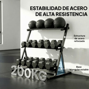 Soporte Mancuernas de 3 Niveles, Estante de Almacenamiento de Pesas de Acero con Barras Ajustables, para Entrenamiento en Gimnasio Casa, Carga 200 kg, 88x66x88 cm