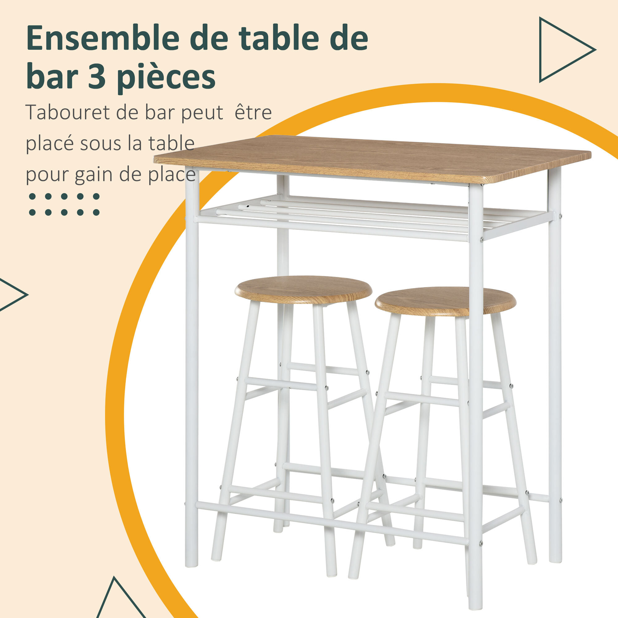 Ensemble table de bar 2 tabourets avec étagère à barreaux métal blanc effet bois clair
