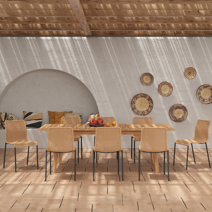 Table et chaises de jardin 8 personnes, bois, résine tressée naturelle - Tunga