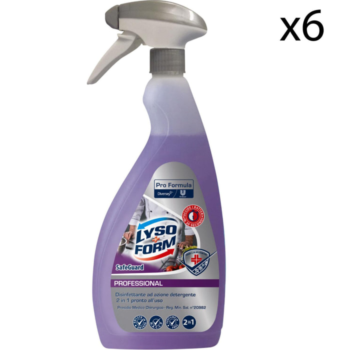 6x Lysoform Professional Safeguard Spray Disinfettante Detergente 2in1 Presidio Medico Chirurgico - 6 Flaconi da 750ml
