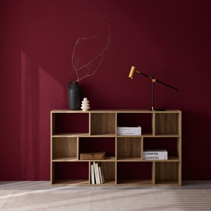 Bibliothèque design asymétrique naturelle. Pieter. 3 étagères. 12 compartiments de rangement