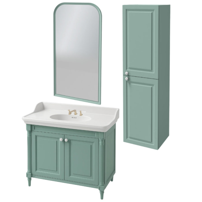 Pack meuble vasque 3 trous Cléo 1889 vert velours + colonne droite + miroir + mélangeur poignés or