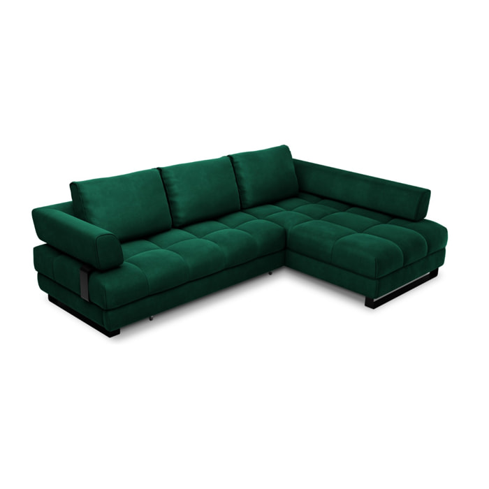 Canapé d'angle droit convertible avec coffre de rangement "Clinton" 5 places en velours vert bouteille