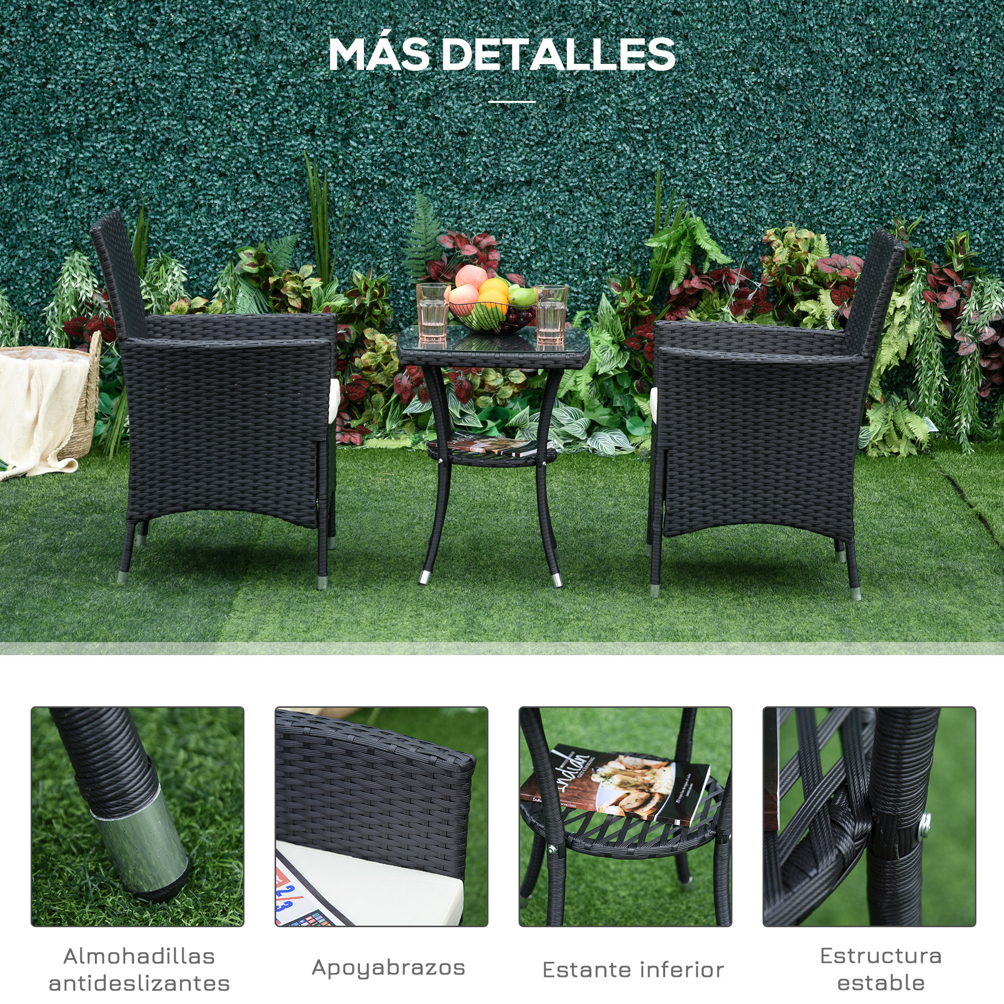 Conjunto de Muebles de Exterior de Ratá¡n 1 Mesa 2 Sillas Estructura Metal Negro