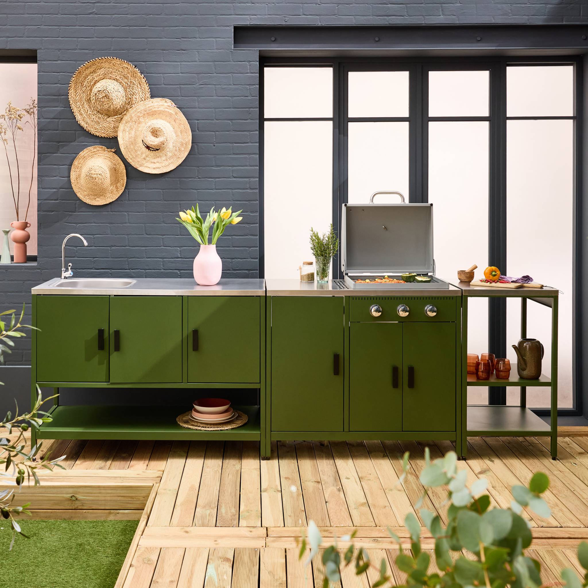 Cuisine d'extérieure 3 modules avec barbecue gaz 3 brûleurs sur pieds, thermomètre NAXOS BARBECUE GAZ + 2 MODULES