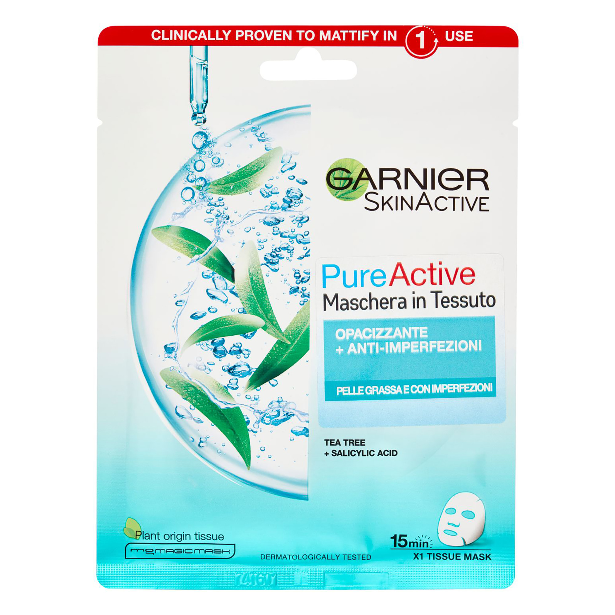 4x Maschera Viso in Tessuto Anti-Imperfezioni e Opacizzante SkinActive Pure Active
