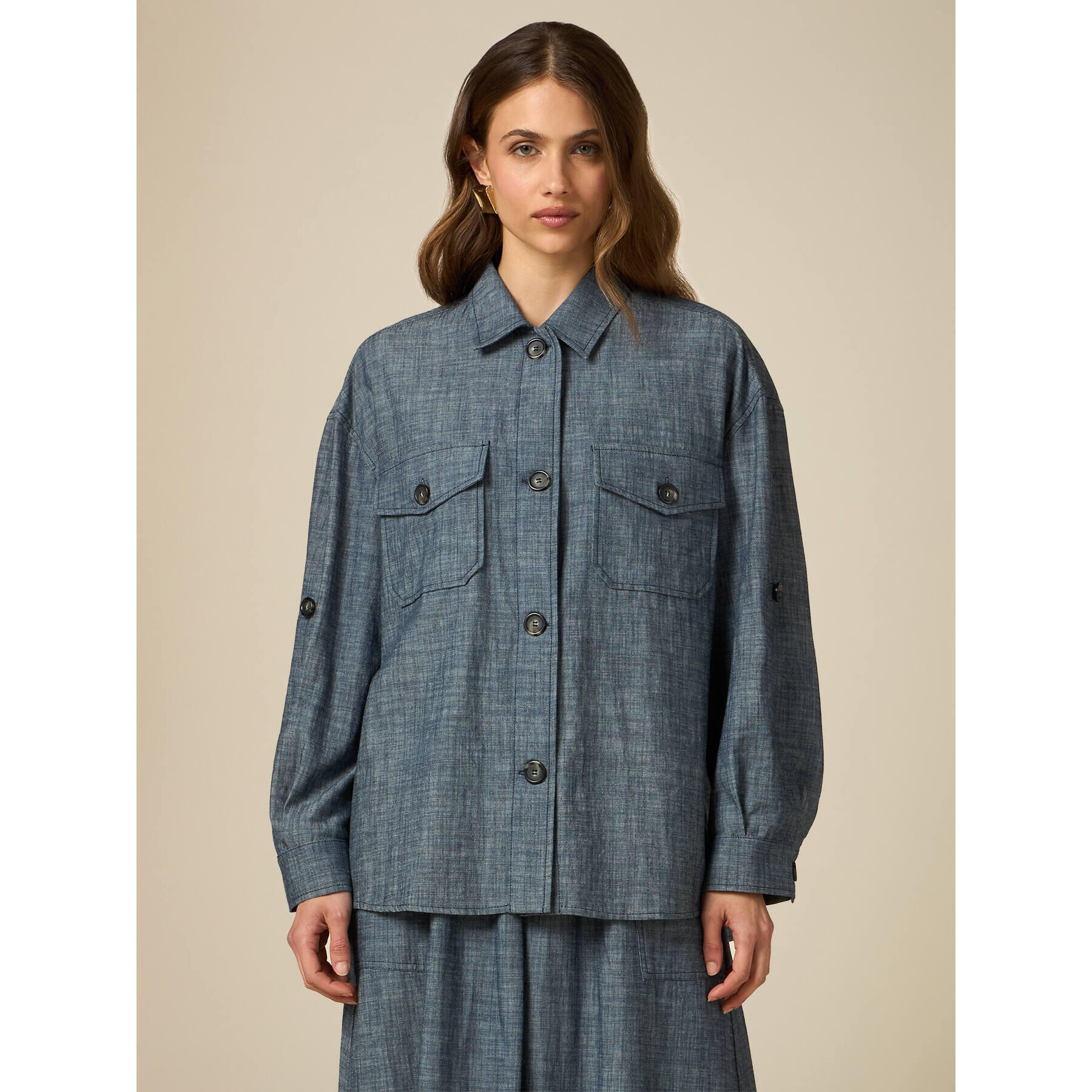 Oltre - Camisa amplia mezcla de lino efecto denim - Light - blue