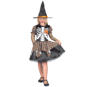 Travestimento Costume Halloween Strega Skully Nero Bianco Arancio Bambina