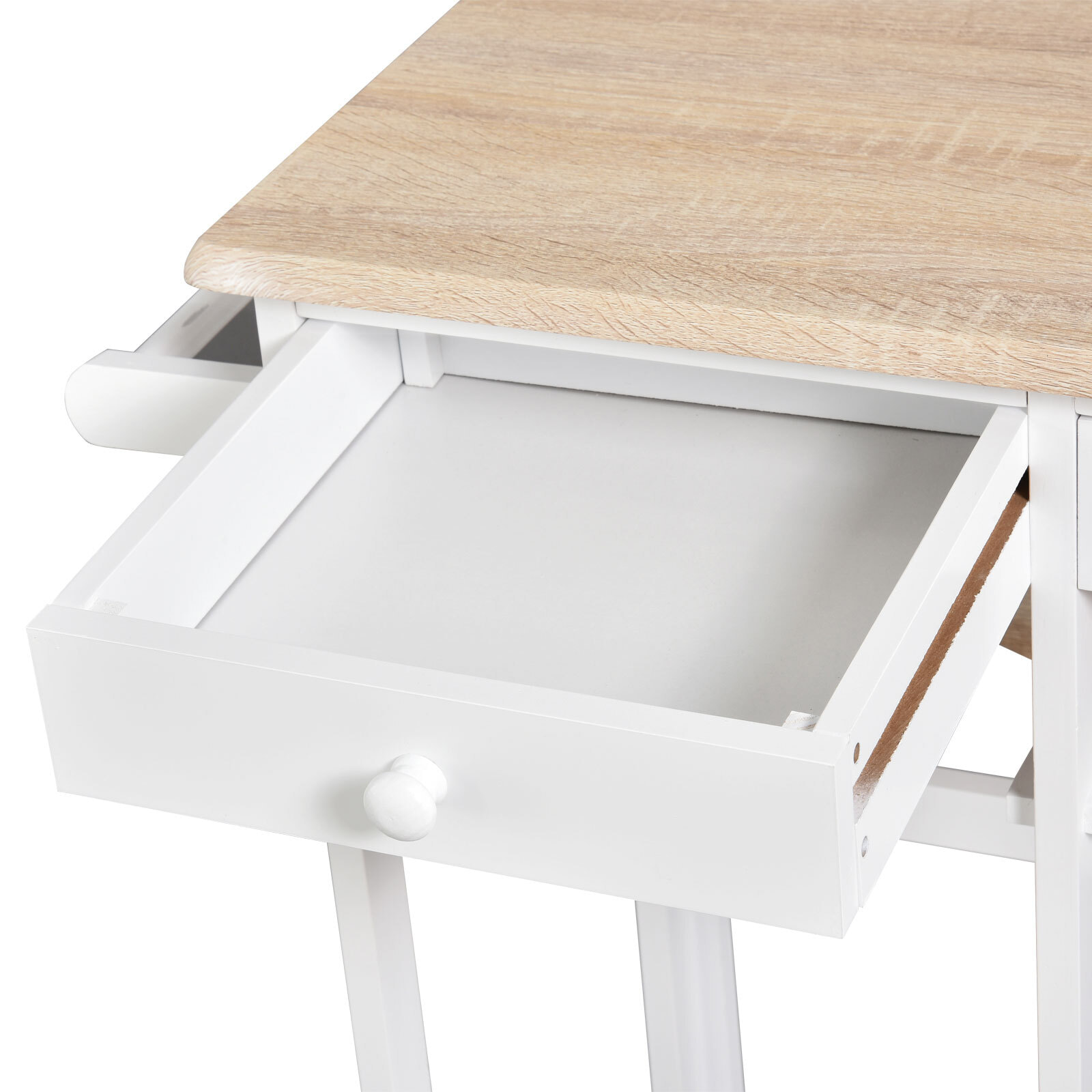 Ensemble table de bar pliable sur roulettes avec étagère et 2 tiroirs + 2 tabourets bois pin MDF blanc chêne clair