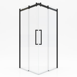 Porte de douche coulissante type industriel ouverture d'angle profiles noir mat - verre trempe 8mm