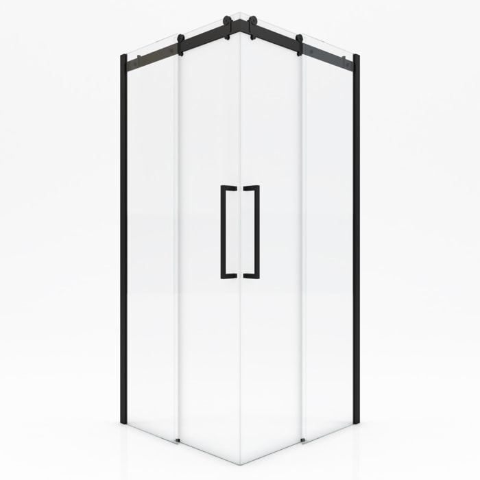 Porte de douche coulissante type industriel ouverture d'angle profiles noir mat - verre trempe 8mm