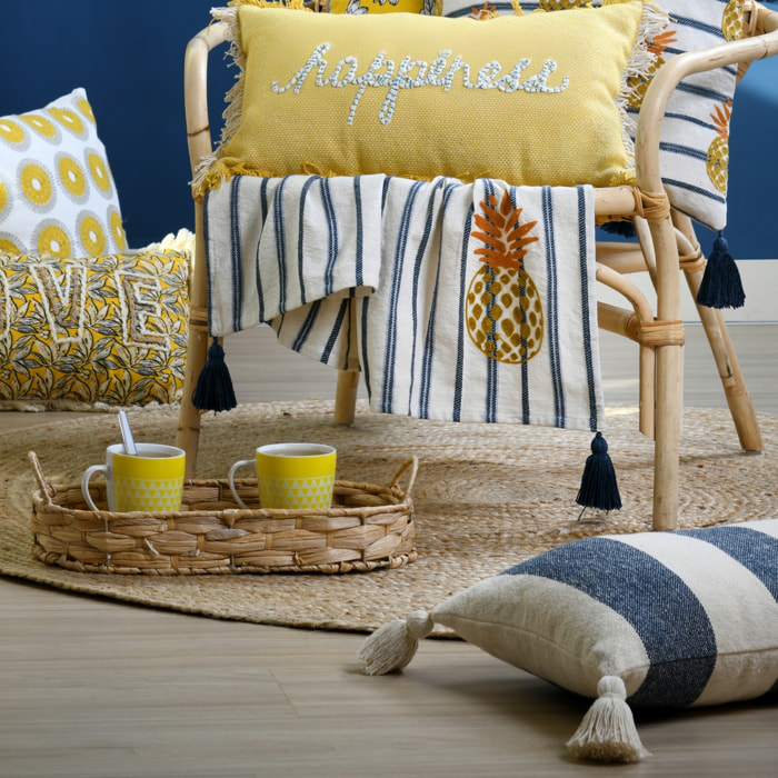 Coussin à bandes bleues à pompons - Bleu