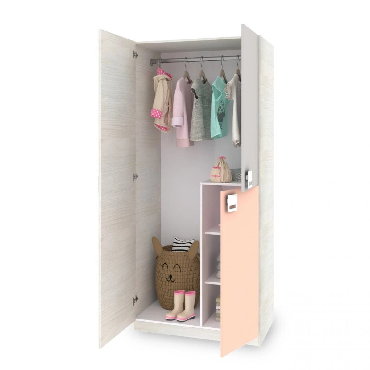 Armario juvenil Kenia Blanco Alpes - Rosa y Gris