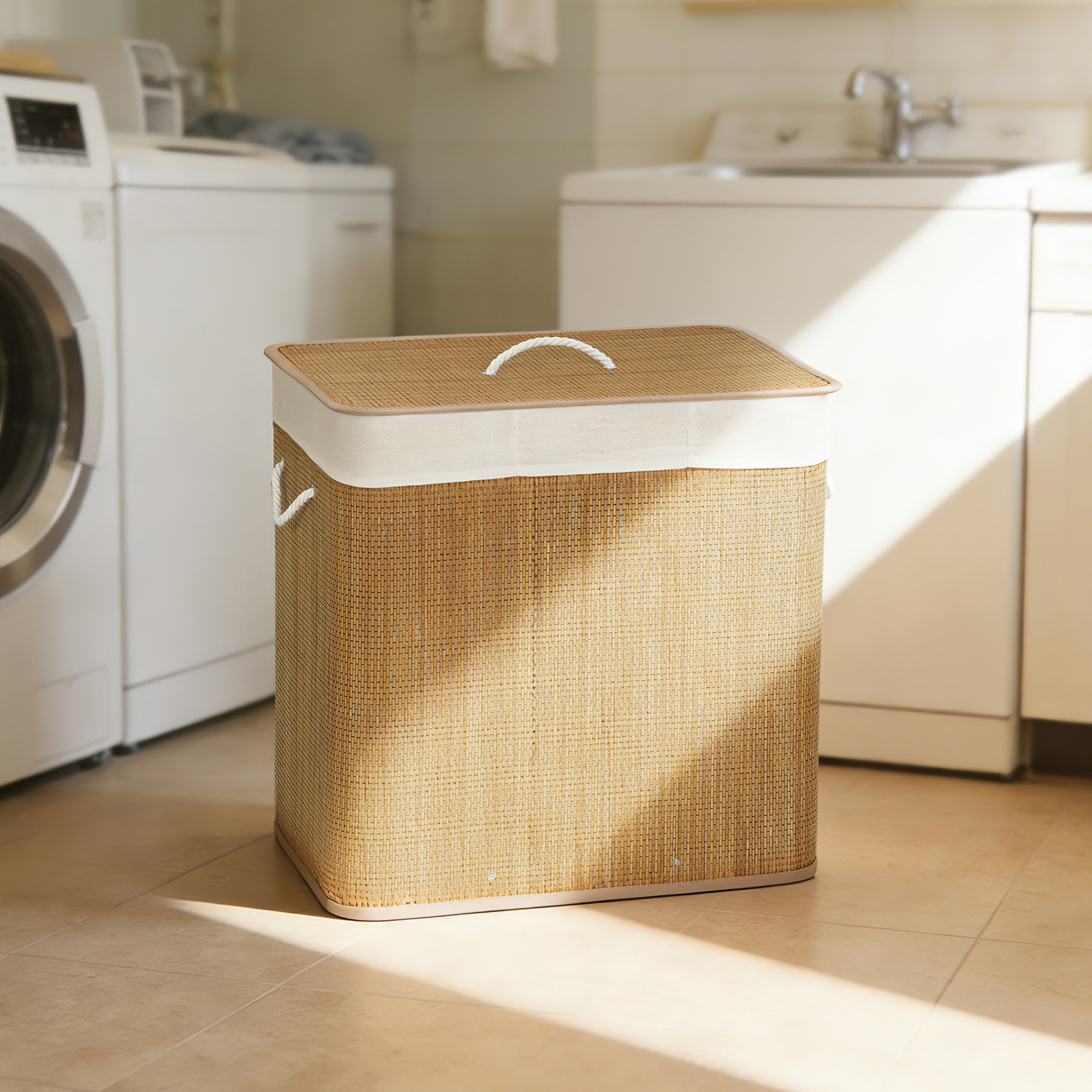 Cesto de Ropa Sucia con Tapa, 144L, Cesta Ropa Sucia de Bambú con 3 Compartimentos, Bolsa Interior Extraíble y Lavable, Asas, para Lavandería, Dormitorio, 60x40x60 cm, Marrón