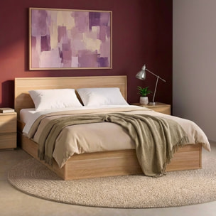 Lit avec sommier à lattes et tête de lit 140 x 190cm + 4 tiroirs décor bois KUBA