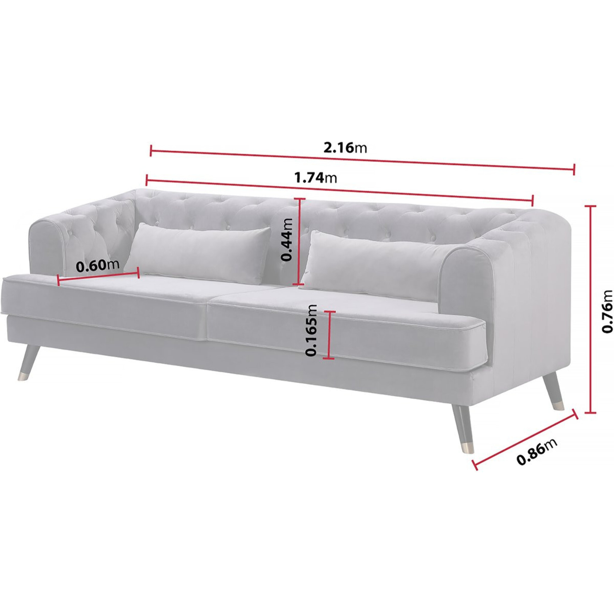 Canapé fixe en velours "Gloria" - 216 x 86 x 76 cm - 3 places - Gris