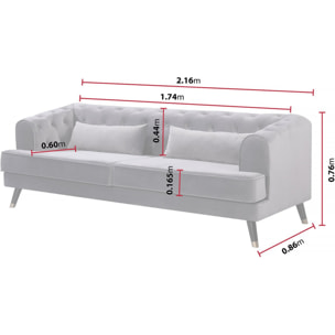 Canapé fixe en velours "Gloria" - 216 x 86 x 76 cm - 3 places - Gris