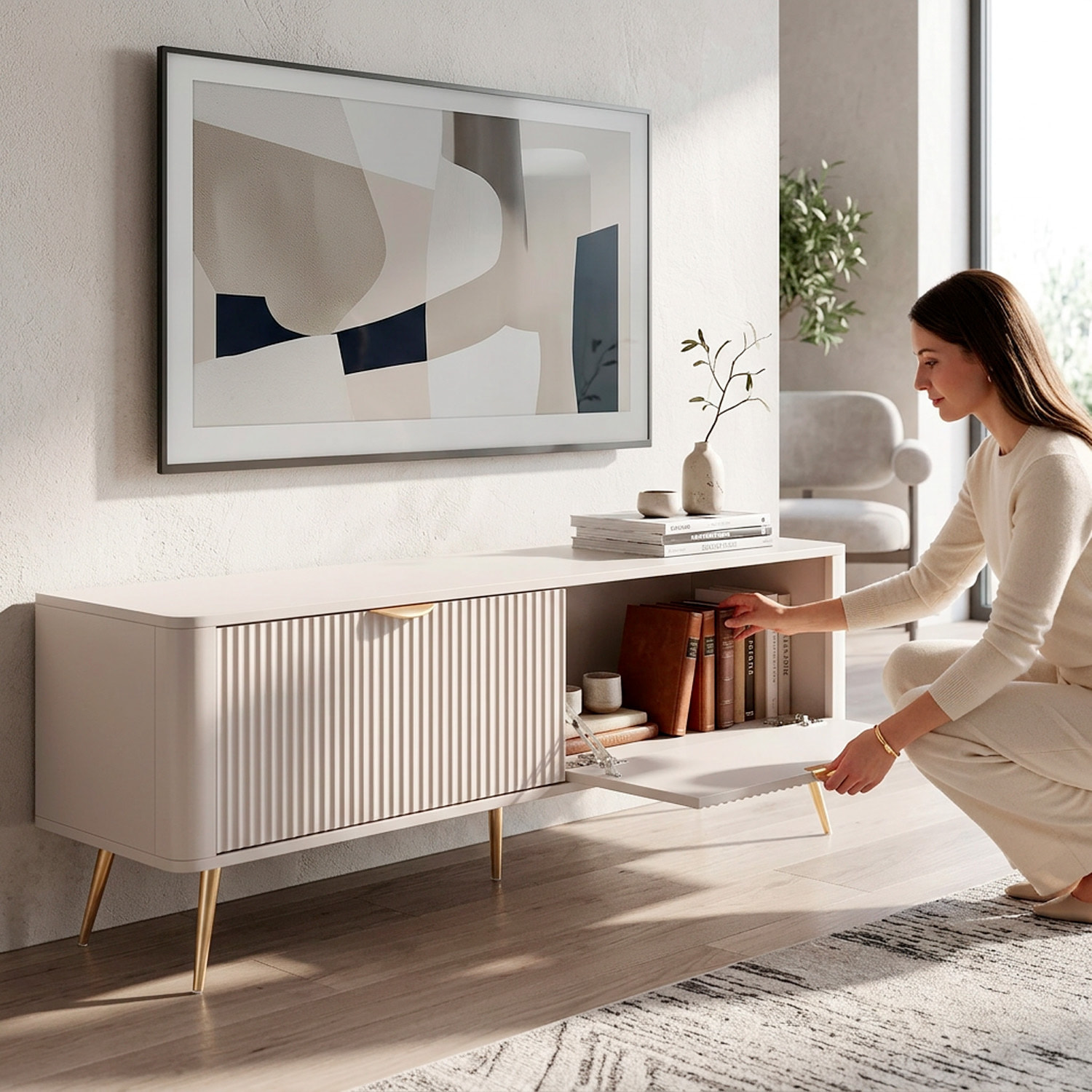 Mobile Porta TV Moderno Con Ante Cannettate Mobiletto Con 2 Ante A Ribalta E Vani Contenitore Design Moderno Soggiorno Salotto Living Home Rostock 163.2 x 38 x 51.2 Cm Cashmere
