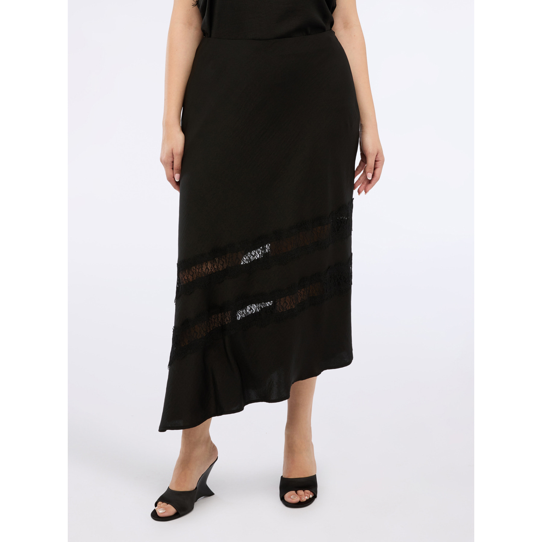 Fiorella Rubino - Gonna lunga svasata in raso con pizzo - Nero