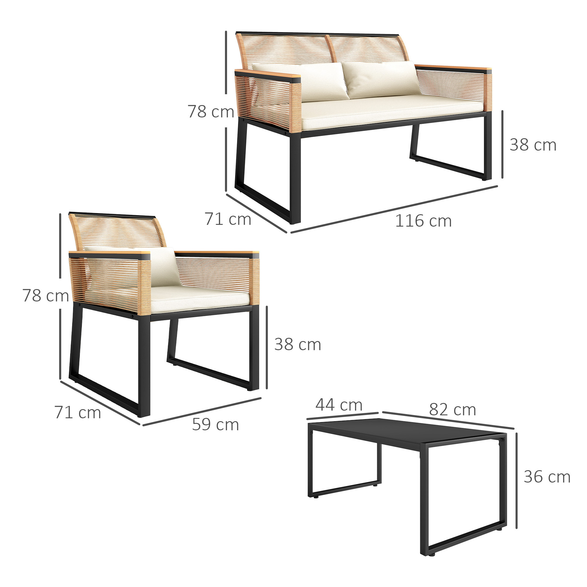 Conjunto de Jardín Exterior 4 Piezas de Ratán Sintético Muebles Jardín Exterior con 2 Sillones 1 Sofá de 2 Plazas y Mesa de Centro con Tablero de Vidrio Templado Natural y Crema