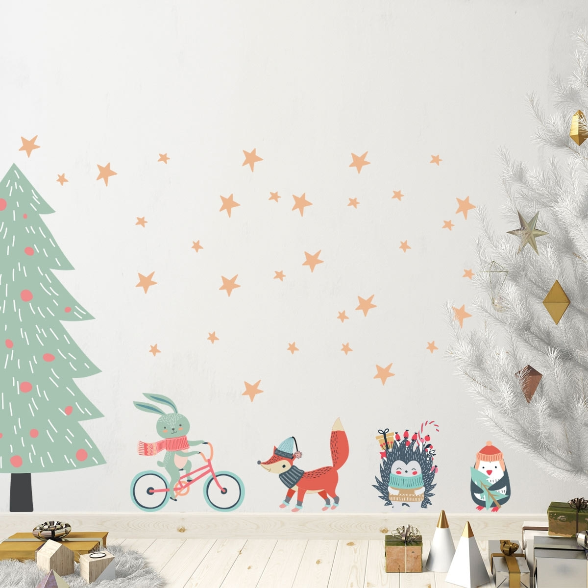 Stickers Noël sapin et animaux scandinaves - Autocollants stickers adhésifs noël - décoration fêtes