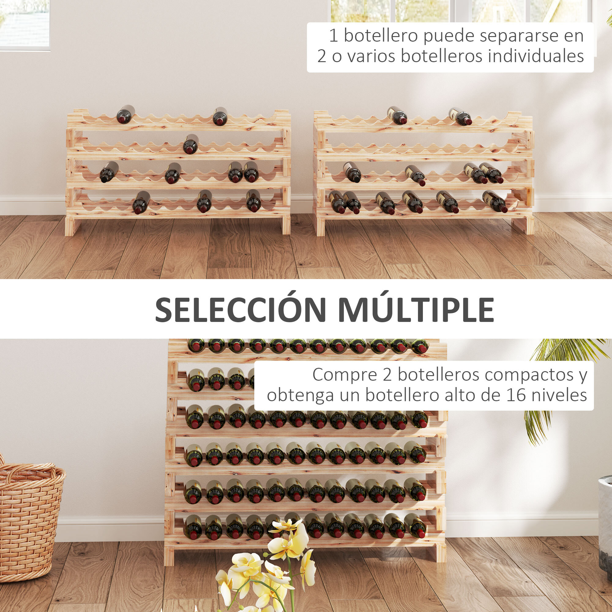 Botellero Vino 96 Botellas, Botellero de Madera de 8 Niveles, Carga 100 kg, para Cocina, Comedor, Bar, 114x28x113,5 cm, Madera Natural