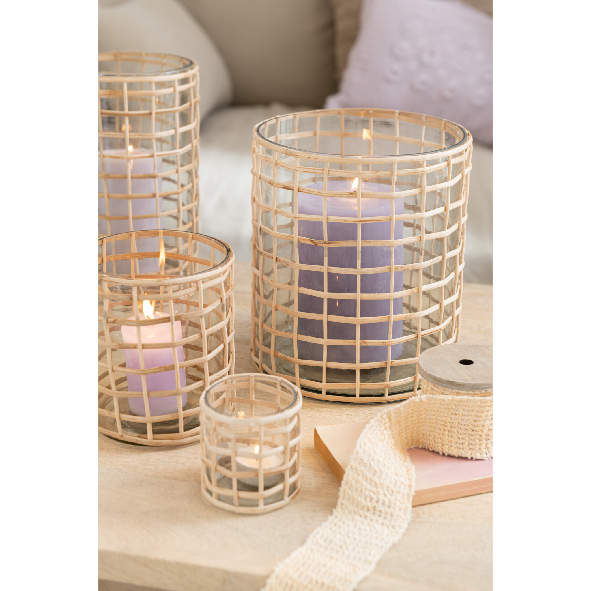 J-Line photophore Violet - verre/rotin - naturel