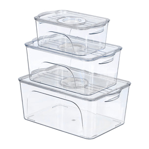 Set 3 organizadores transparentes para nevera con tapa y aro blanco con fecha.