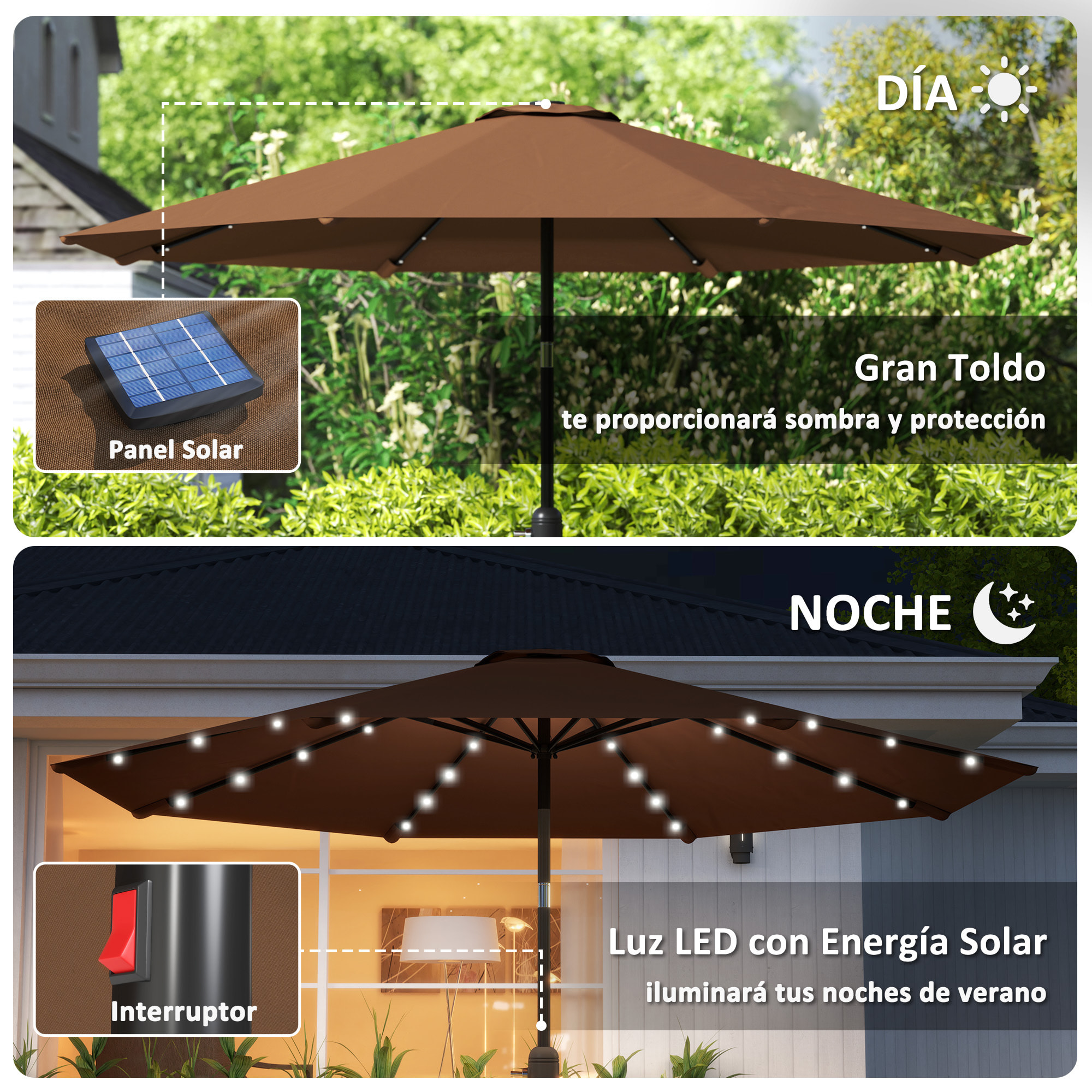 Sombrilla Terraza Exterior Ø265 cm Sombrilla de Jardín con 32 Luces LED Solares Poste de Acero y Manivela Parasol Inclinable para Patio Terraza Marrón