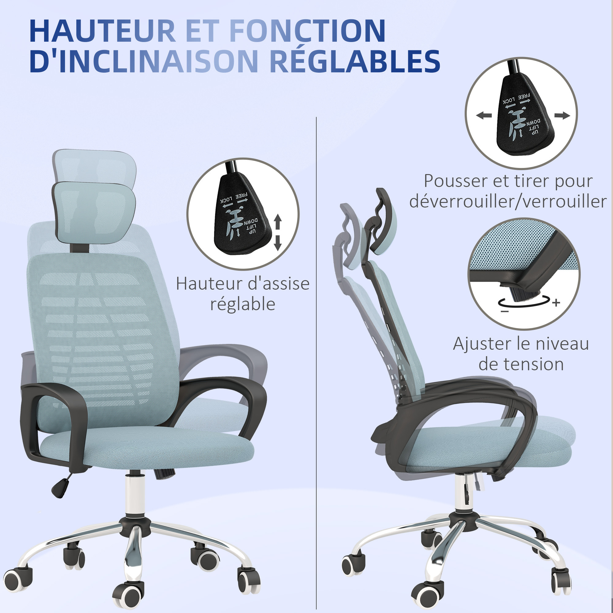 Chaise de bureau ergonomique - appui-tête réglable, soutien lombaire, hauteur réglable, pivotante - polyester bleu