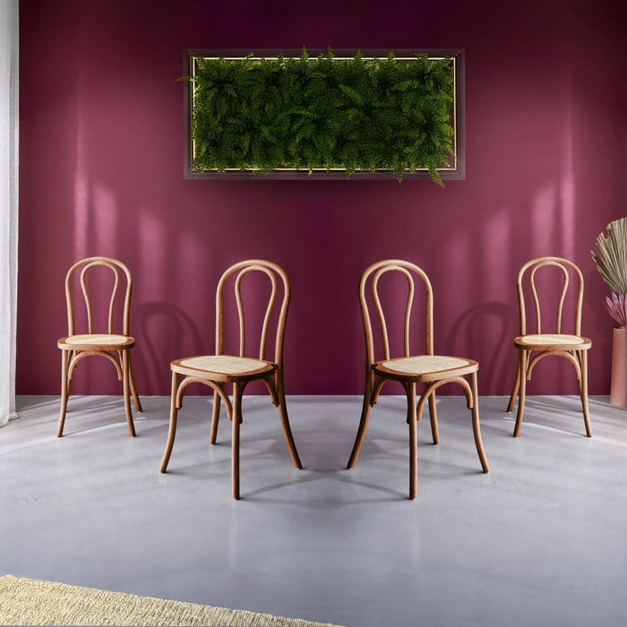 Lot de 4 chaises vintage en bois avec assise en rotin et dossier arrondi. coloris noyer. L 48 x P 49.5 x H 90cm