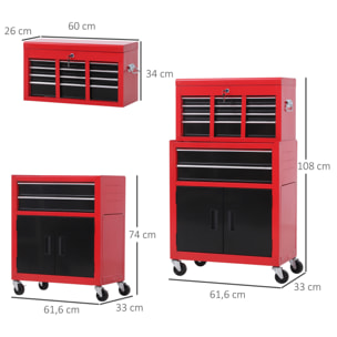 Carro de Herramientas con Baúl Superior, 2 en 1, Carro de Taller con 6 Cajones, Armario, Cerradura, 4 Ganchos, 2 Ruedas con Freno de Bloqueo, para Garaje, Hogar, Rojo