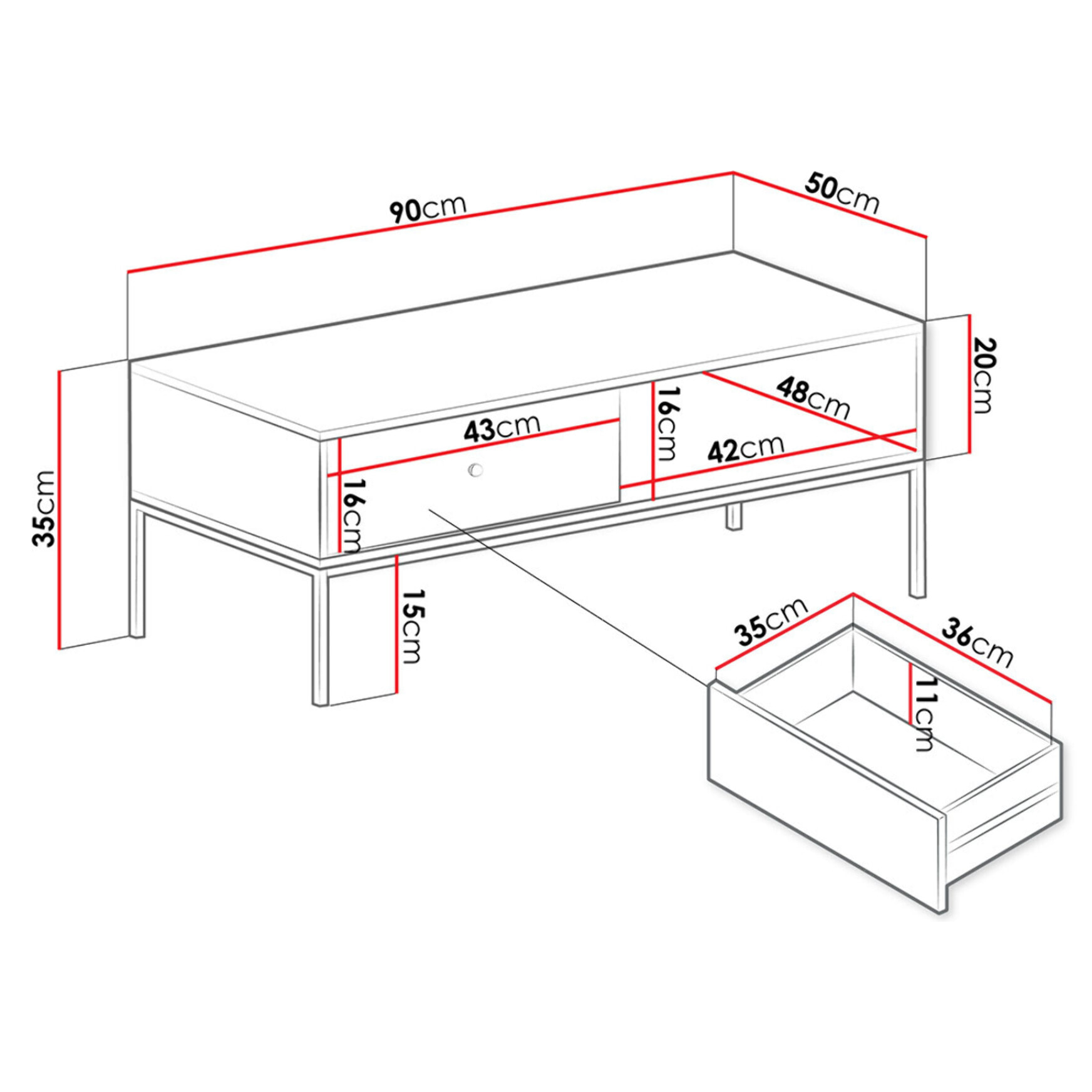 Filipo - table basse - 1 tiroir et 1 niche - 90 cm - Gris