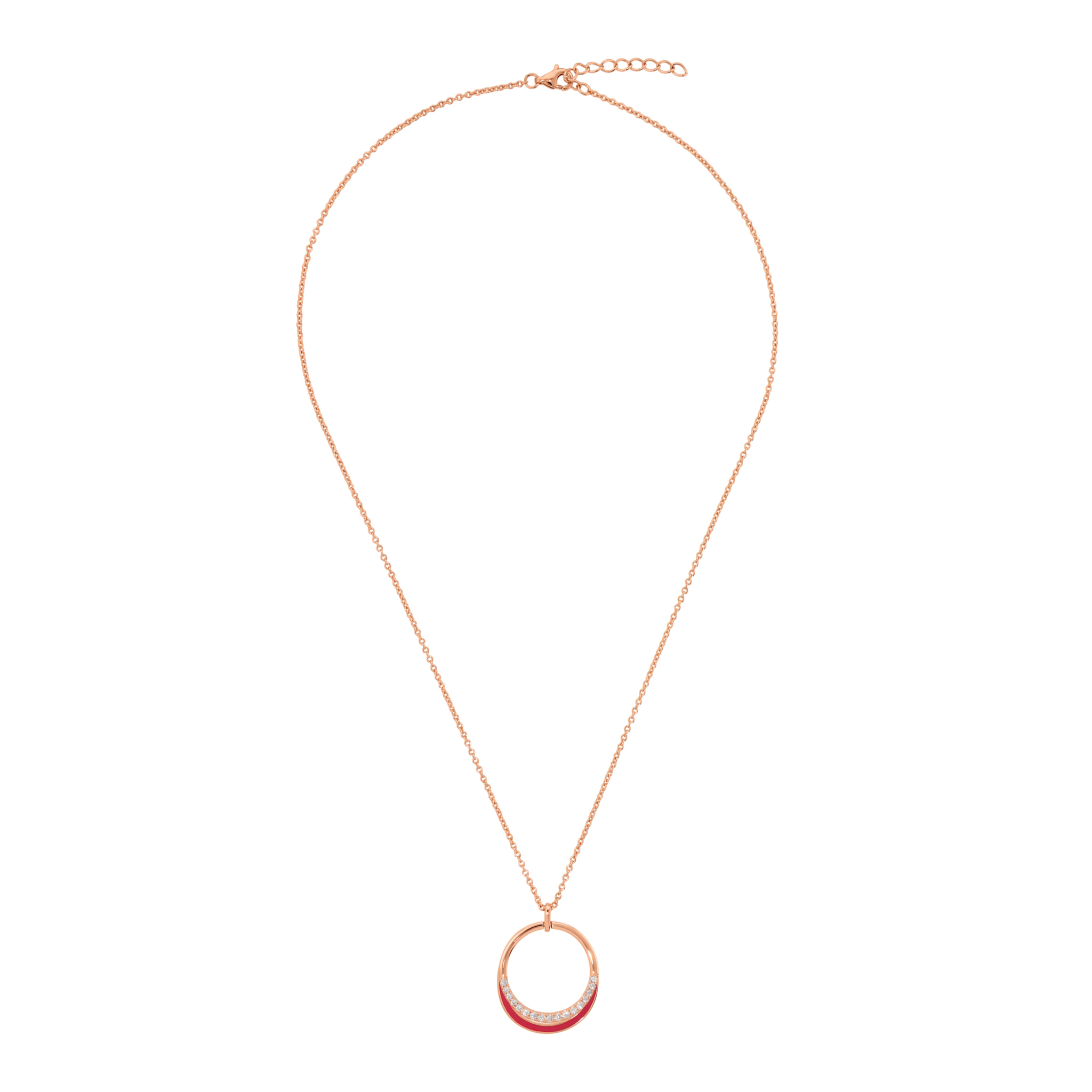 Collana con Pendente Doppio ad Anello in Pavé di Cubic Zirconia e Smalto Fucsia