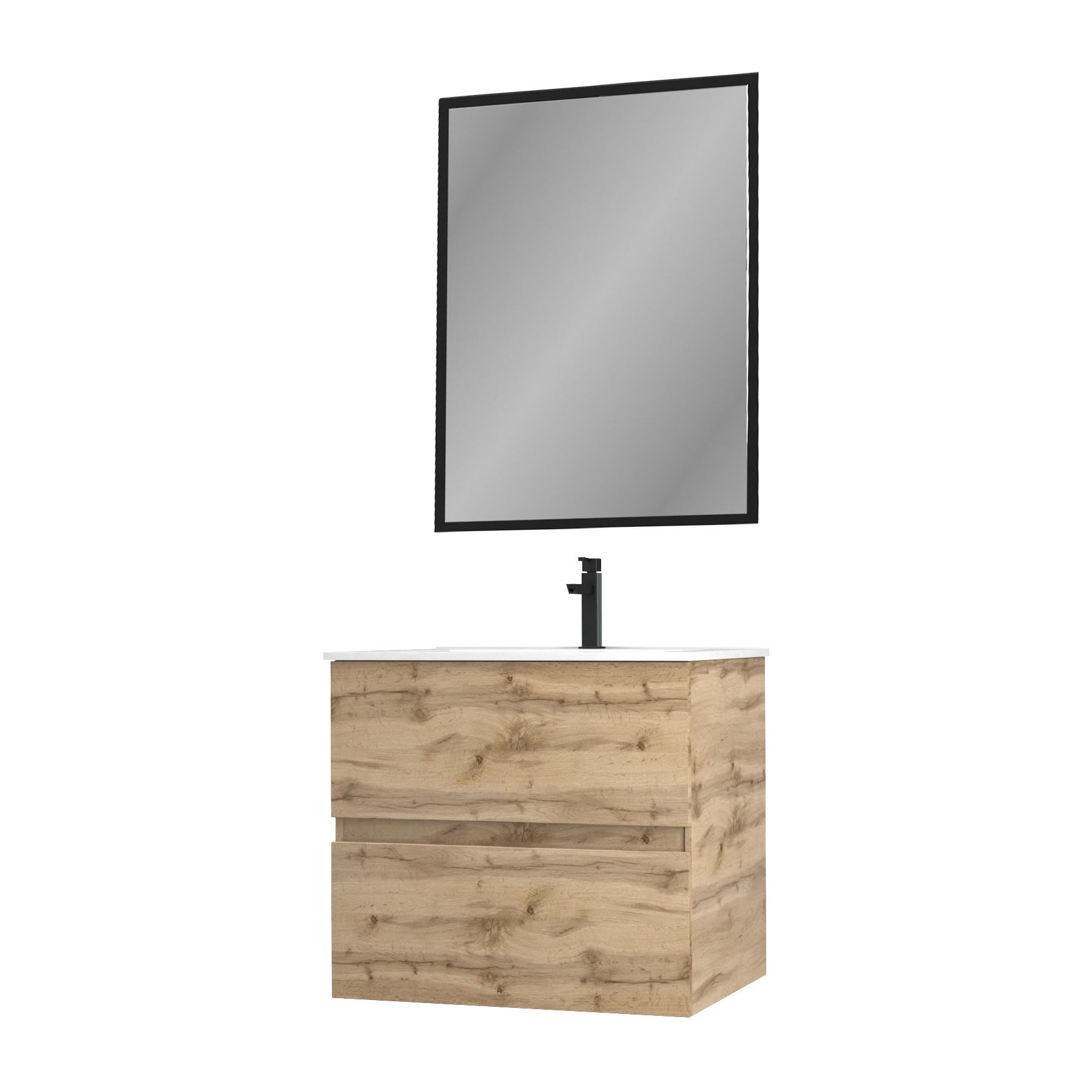 Meuble salle de bain 60x54cm - Finition chene naturel + vasque blanche + miroir - TIMBER 60 - Pack09